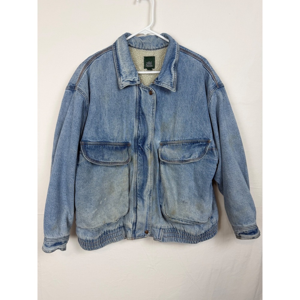 Wild Fable Women XXL Bomber Denim Distressed Jacket Blue Sherpa Lined Vent Back